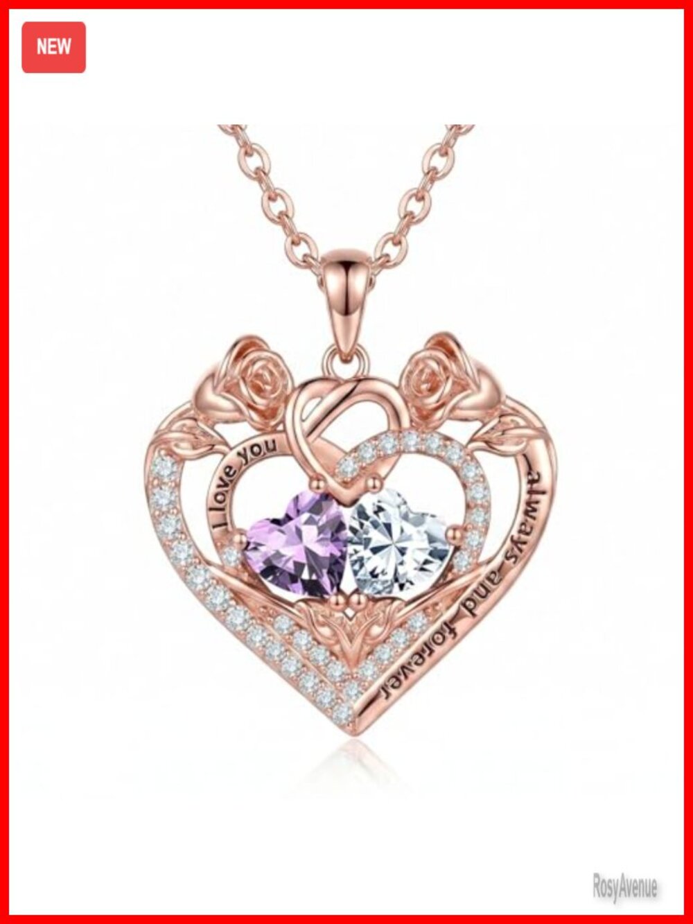 14K Rose Gold Plated Double Heart Birthstone Pendant Necklace 18+2in Cable Chain